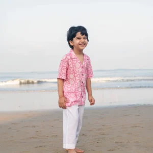 ‘Groove’ pink floral hand block print boys shirt