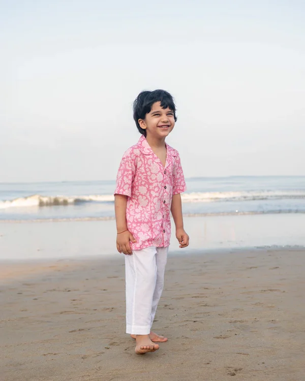 ‘Groove’ pink floral hand block print boys shirt